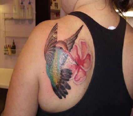 Hummingbird And Flower Pic Tattoo On Left Shoulder Blade